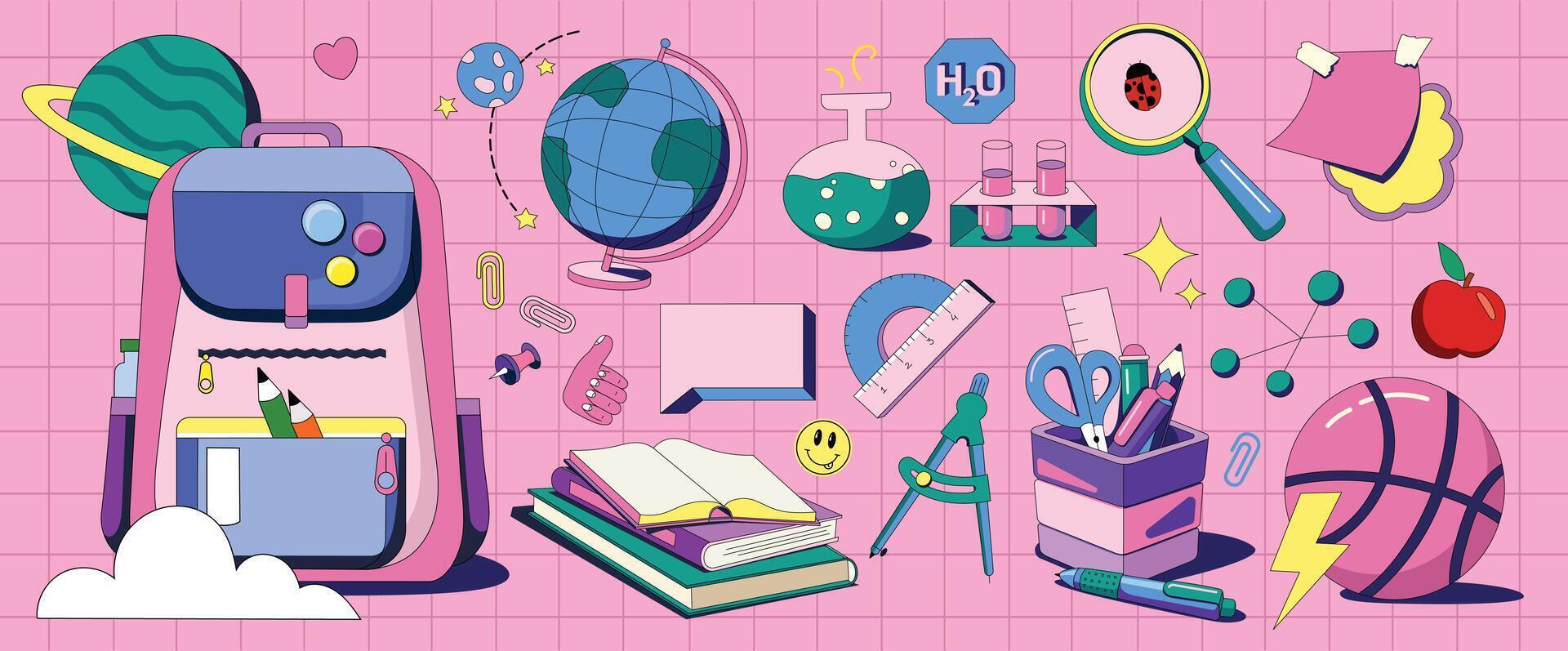 Big y2k set with school subjects. Collection school tools in flat style. vector