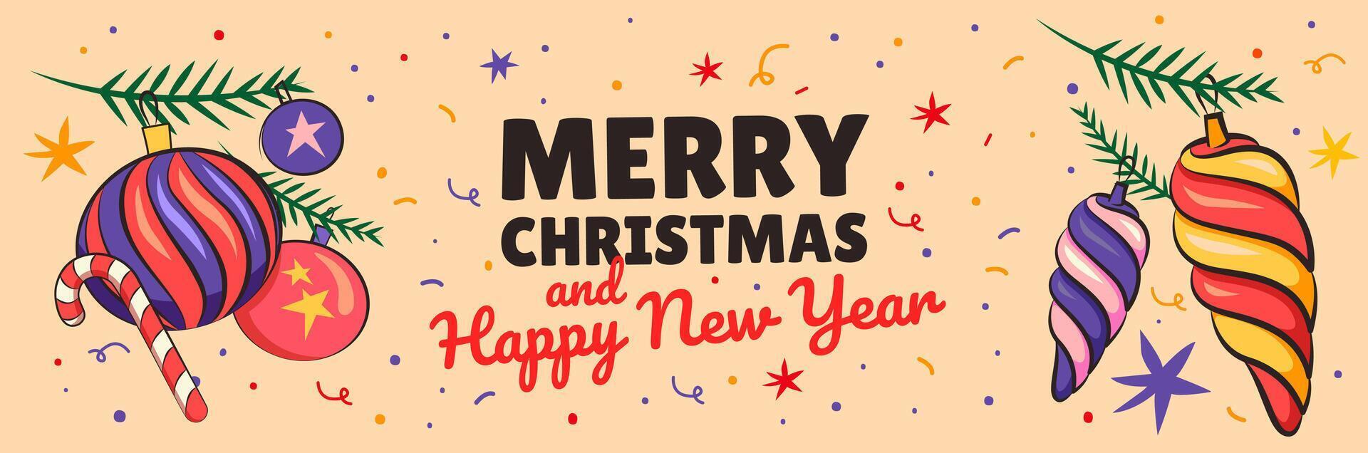 Happy New Year and Merry Christmas card, banner with typography vector