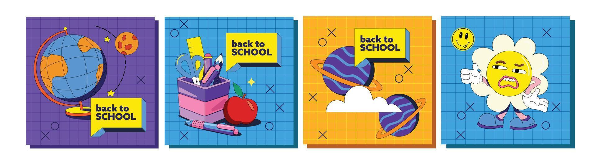 Big y2k set with school subjects. flat illustrations banner. vector