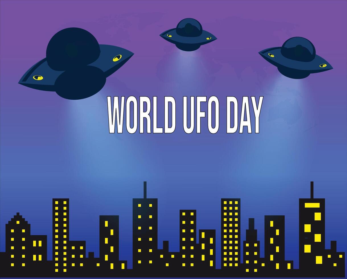 Ufo flying spaceship. World UFO Day. Flying saucer. Unidentified Flying Object, City Landscape Design Style vector