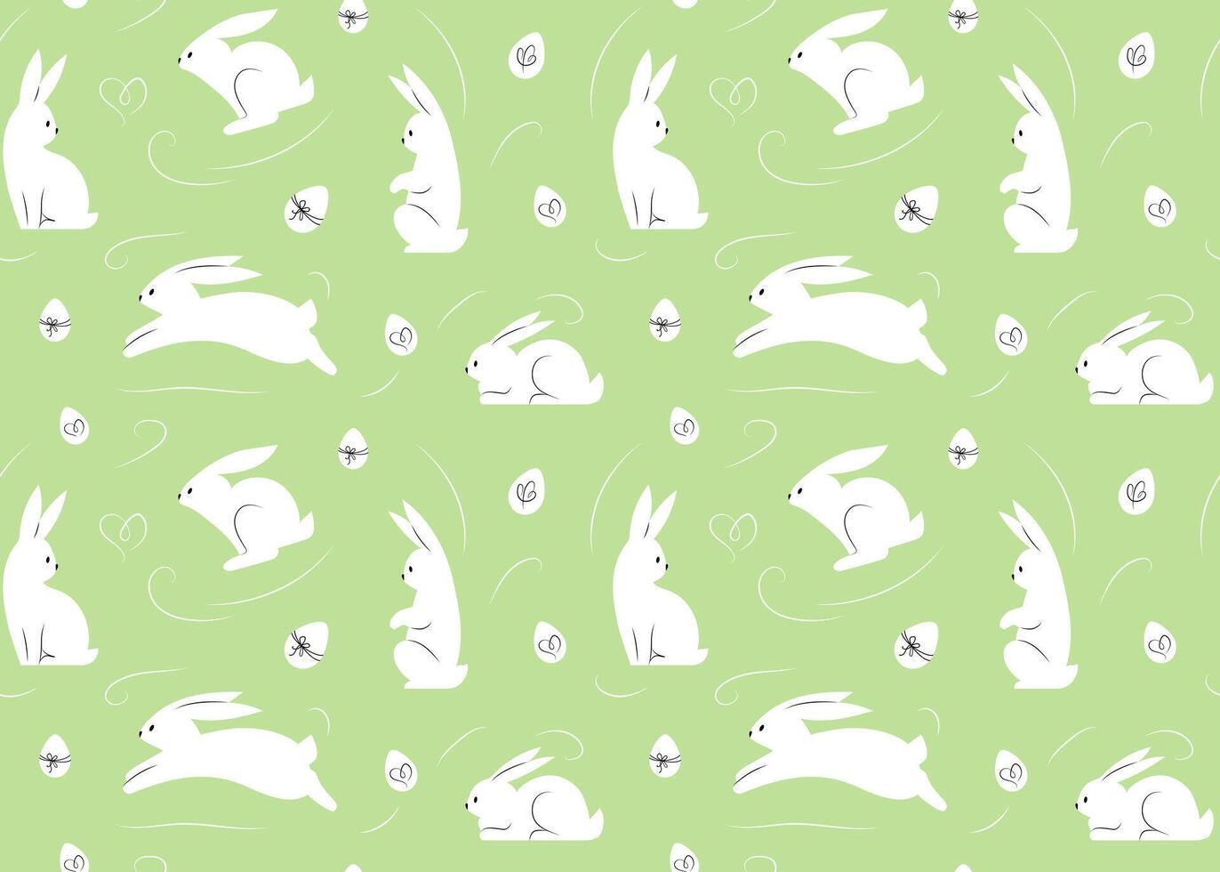 Seamless pattern with cute white bunnies and Easter eggs, isolated on light green background, vector