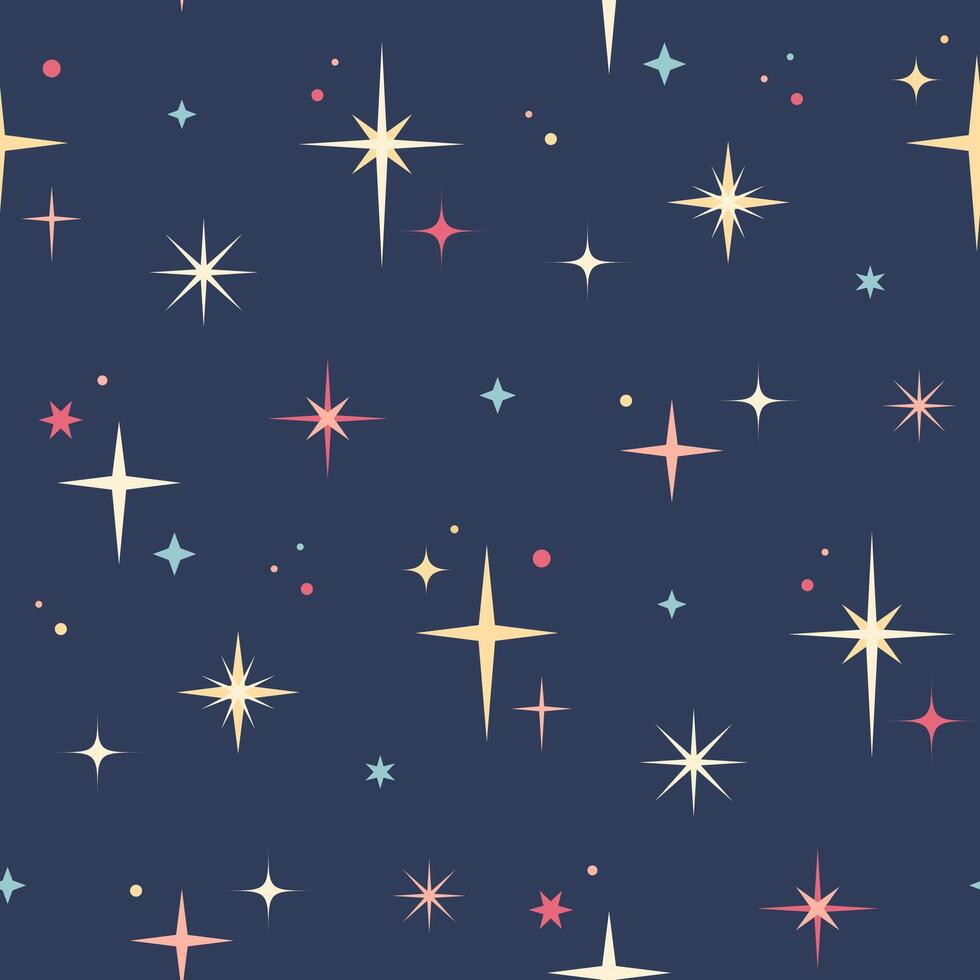 Cosmos night sky seamless pattern. Colorful stars on navy blue background. vector
