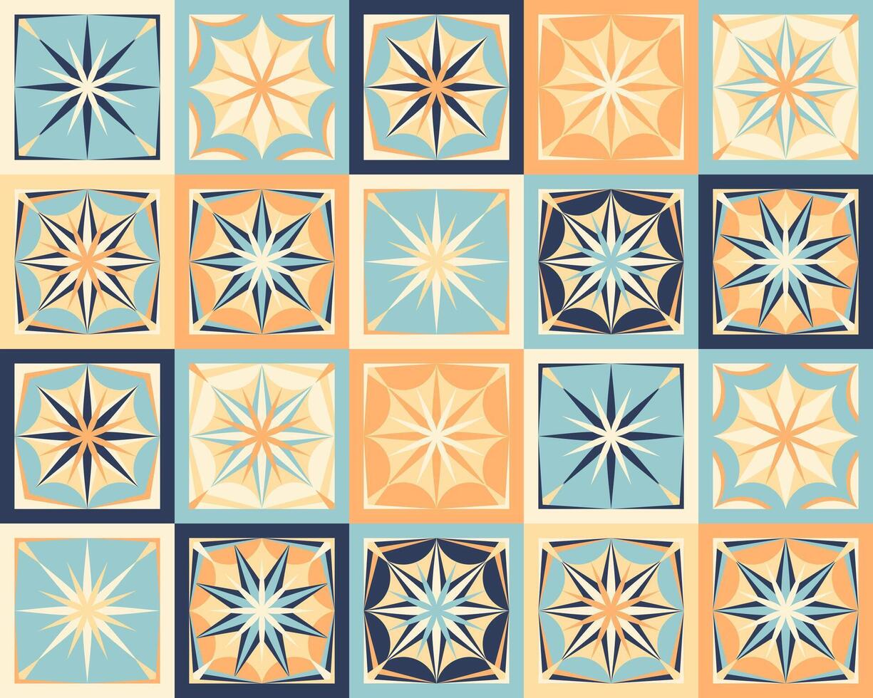 Seamless pattern with square ceramic tiles. Ornamental textile background. Colorful folk patchwork vector