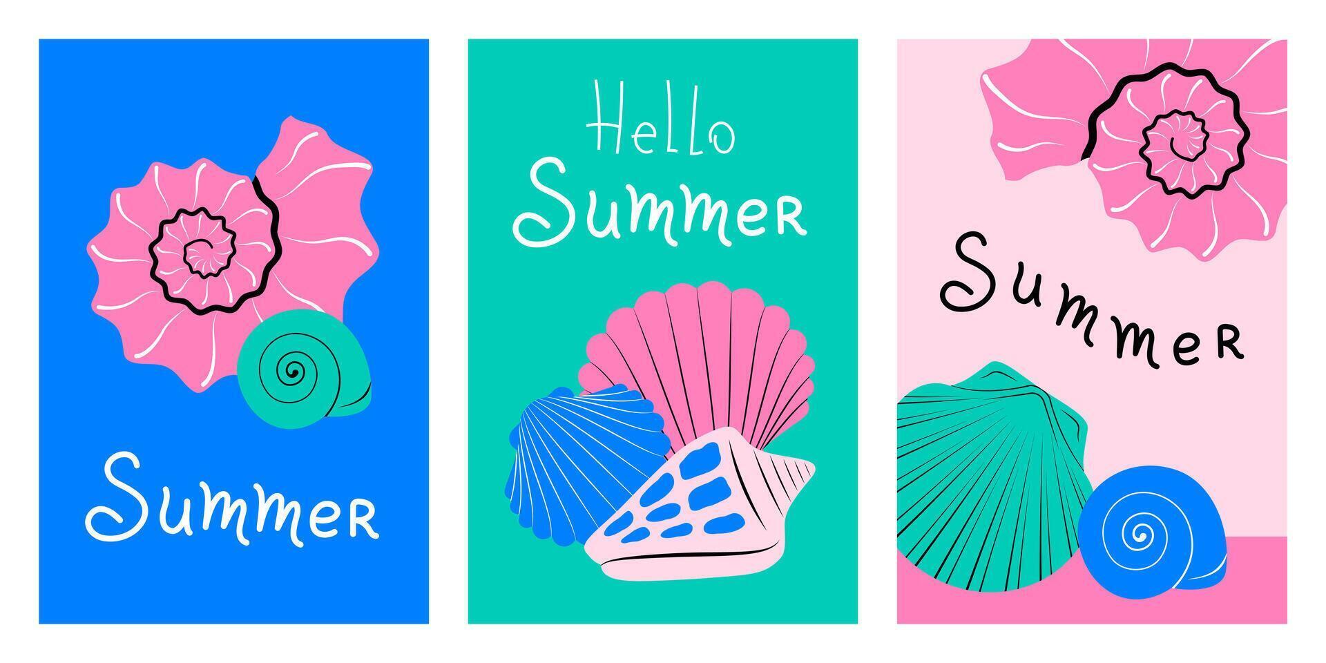 Hello summer poster set with seashells and handwritten lettering in minimalistic flat style. vector