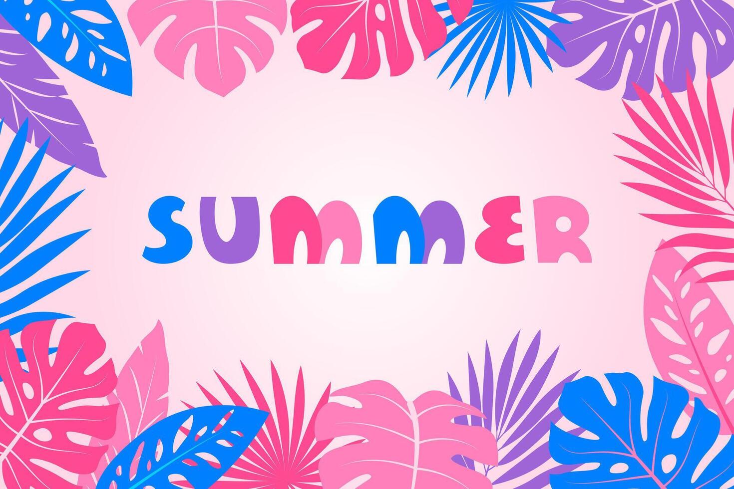 Summer banner design with exotic tropical palm and monstera leaves on pink background vector