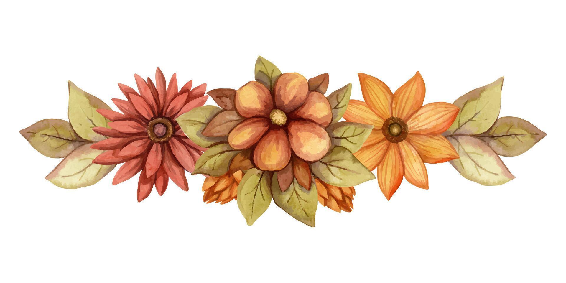 Autumn flower watercolor oblong arrangement with Aster and Rudbeckia. Hand drawn floral bouquet with blooming in muted colors. Perfect for fall botanical invitation and card designs. vector