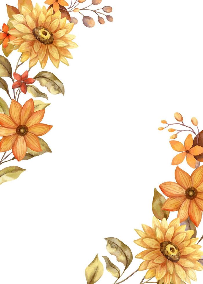 Fall flower vertical frame with watercolor red and orange twig of leaves. Hand drawn floral edged template in rustic style. Perfect for autumn botanical invitation and card designs. vector