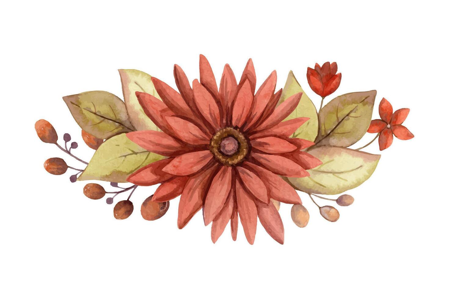 Fall flower watercolor arrangement with red Aster. Hand drawn floral bouquet in golden and muted colors. Perfect for autumn botanical invitation and greeting card designs vector