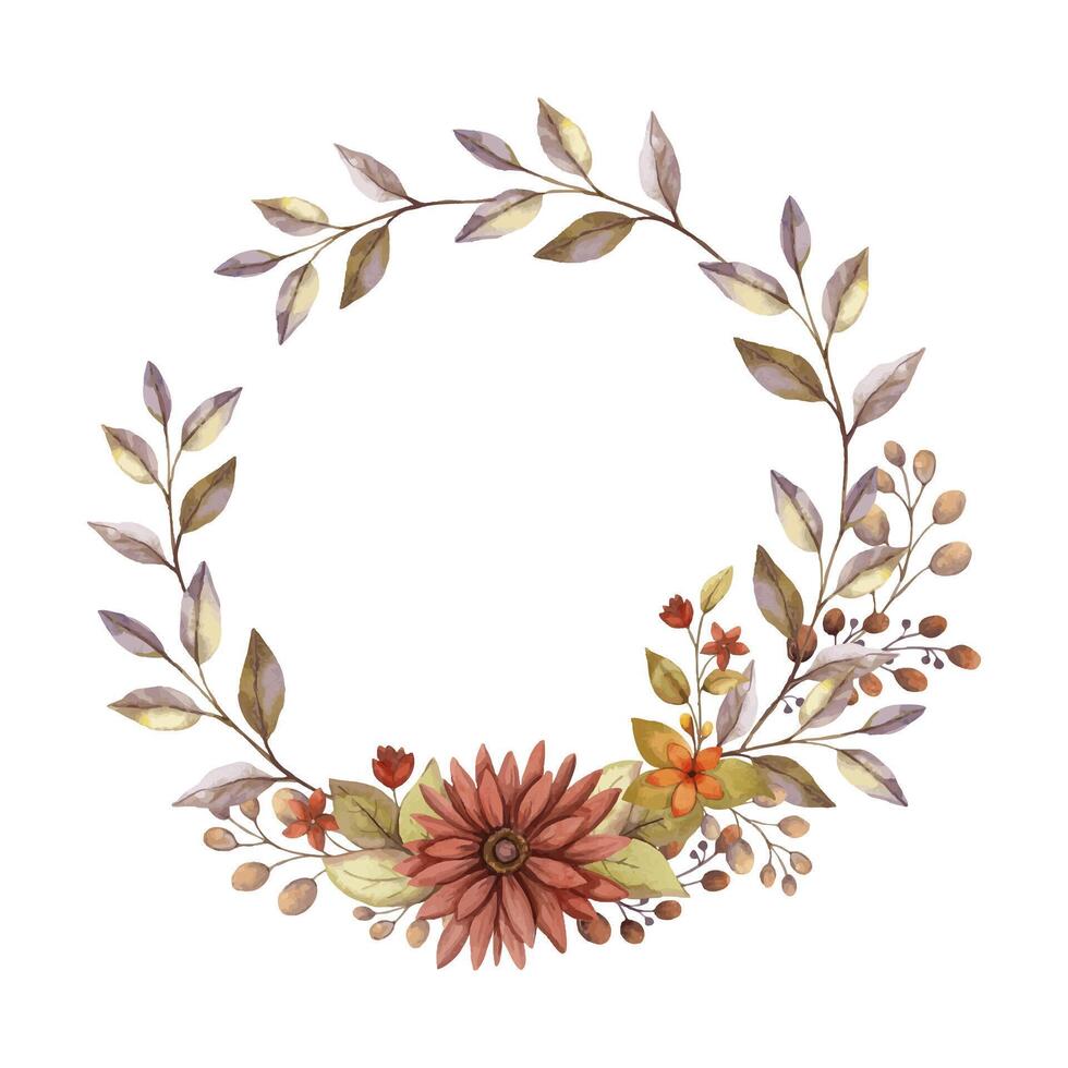 Fall flower wreath with watercolor Aster and branch of leaf. Hand drawn floral frame with blooming in rustic style with red color. Perfect for autumn botanical invitation and card designs. vector