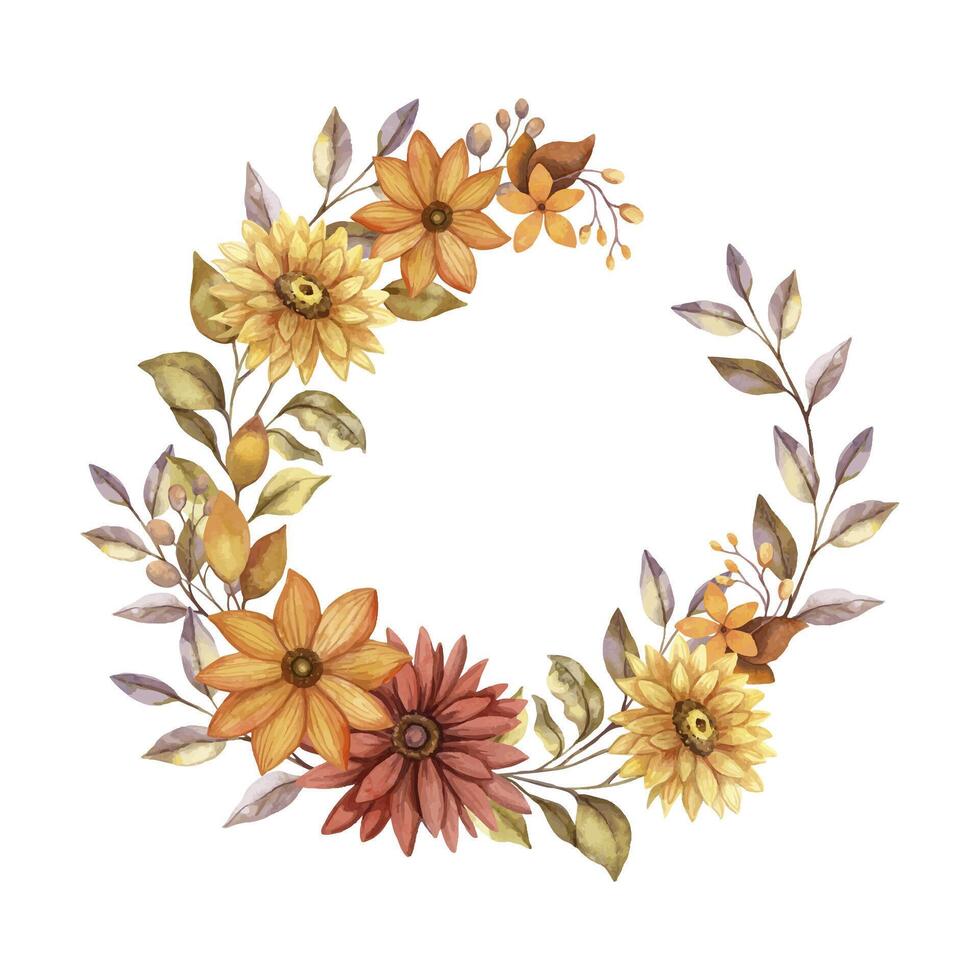 Fall flower wreath with watercolor Aster and Dahlia with leaf. Hand drawn floral frame with blooming in rustic style with red color. Perfect for autumn botanical invitation and card designs. vector