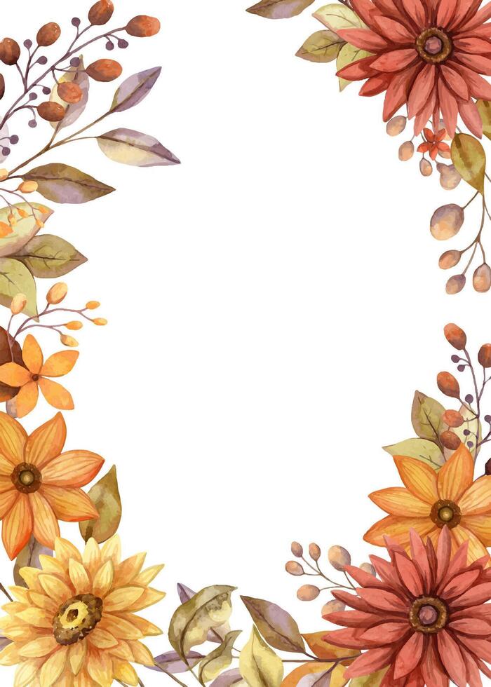 Fall flower vertical frame with watercolor red and orange bloom and twig of leaves. Hand drawn floral edged template in rustic style. Perfect for autumn botanical invitation and card designs. vector
