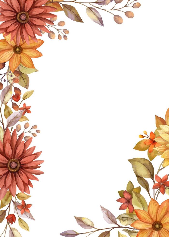 Fall flower vertical frame with watercolor red and orange bloom and twig of leaves. Hand drawn floral edged template in rustic style. Perfect for autumn botanical invitation and card designs. vector