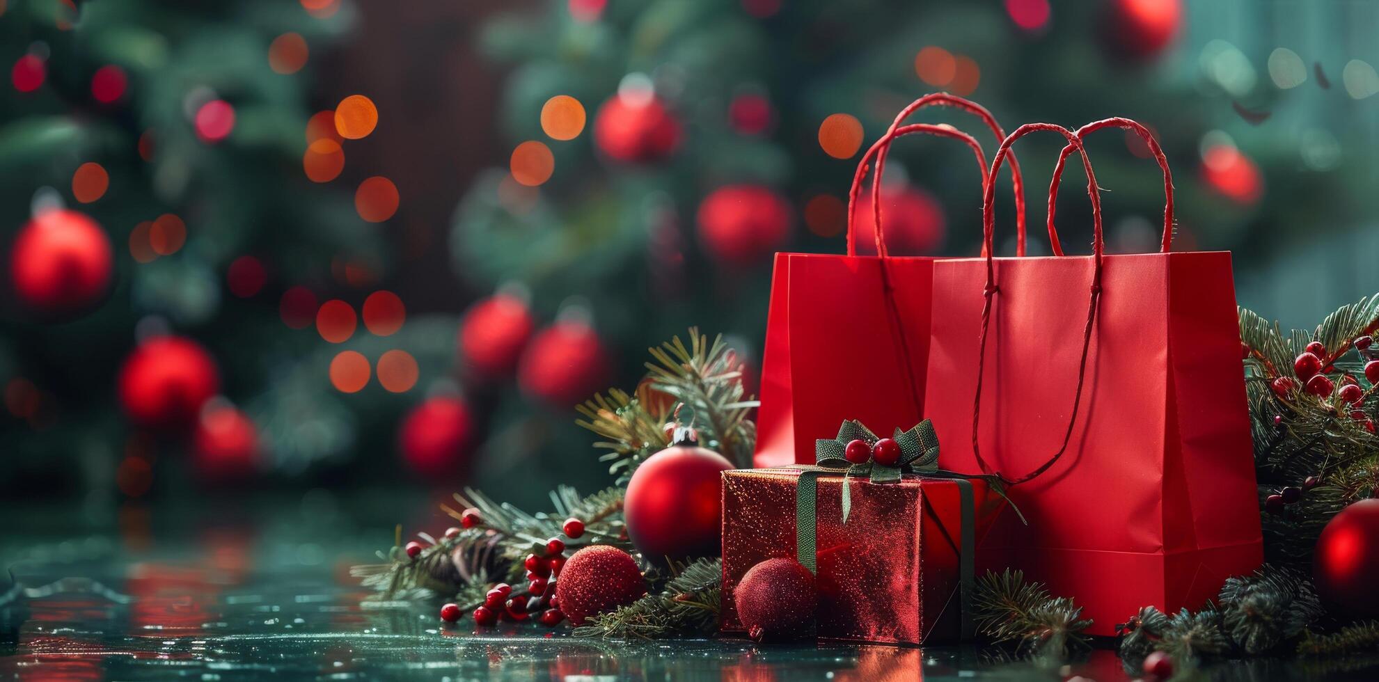 Red Gift Bags With Pine Branches And Ornaments photo