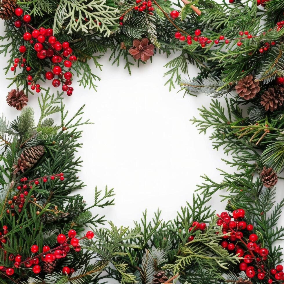 Green Evergreen Wreath With Red Berries photo