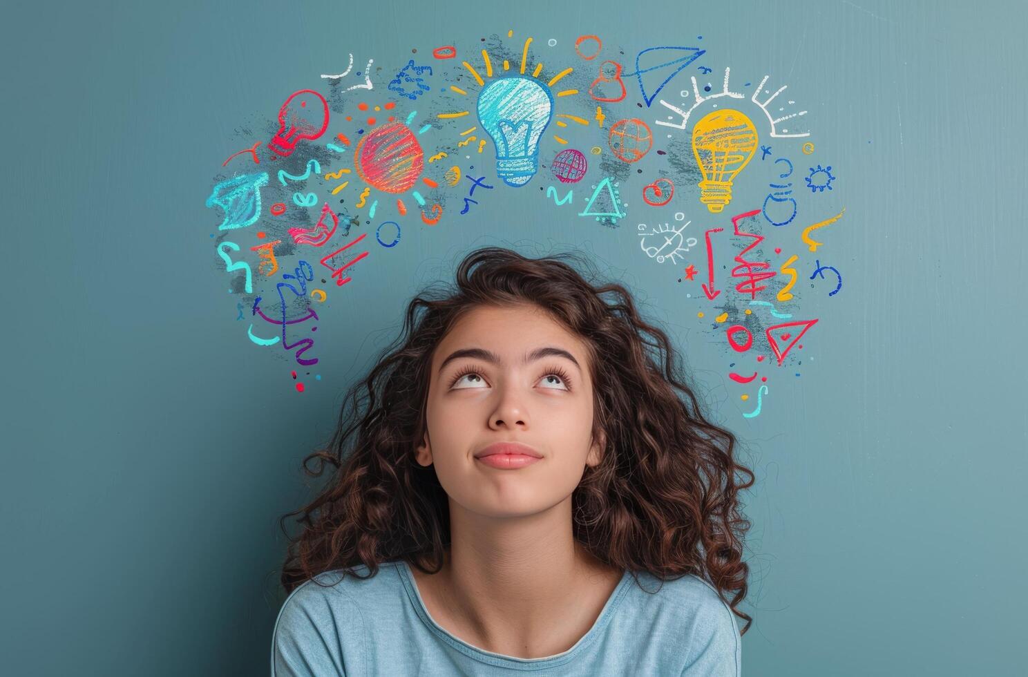 Young Woman Thinking With Drawings on Wall photo