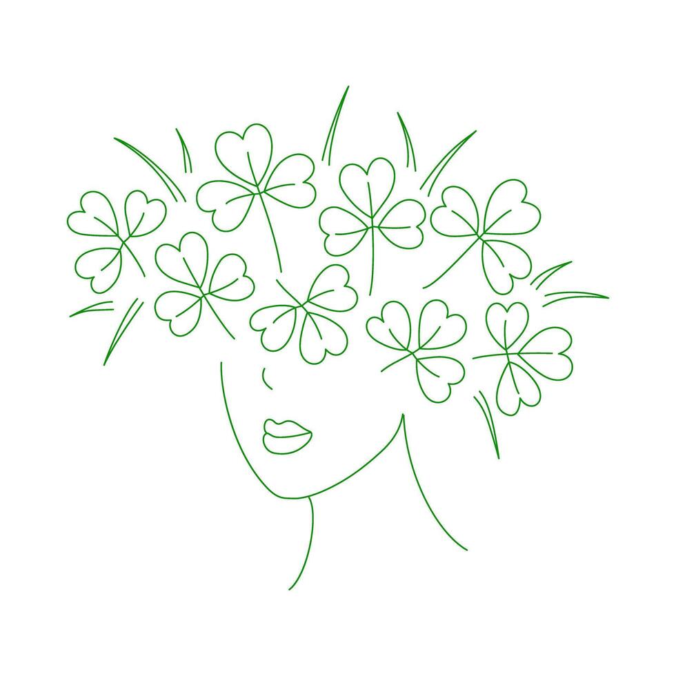 Lucky Girl with wreath of shamrocks on her head Line Art. St Patrick greeting design idea Isolated on white. Invitations, cards, poster, banner, brochure or web, promo hand drawn illustration vector