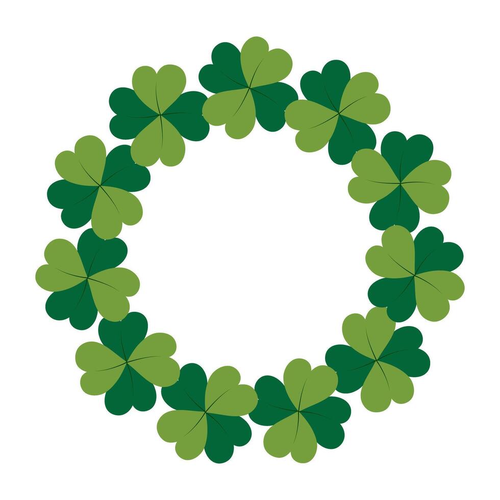 Round frame of clover leaves with four petals in monochrome green with copy space. Template Isolated on white. Lettering, inscriptions, cards, posters, banner, price tag or web design concept vector