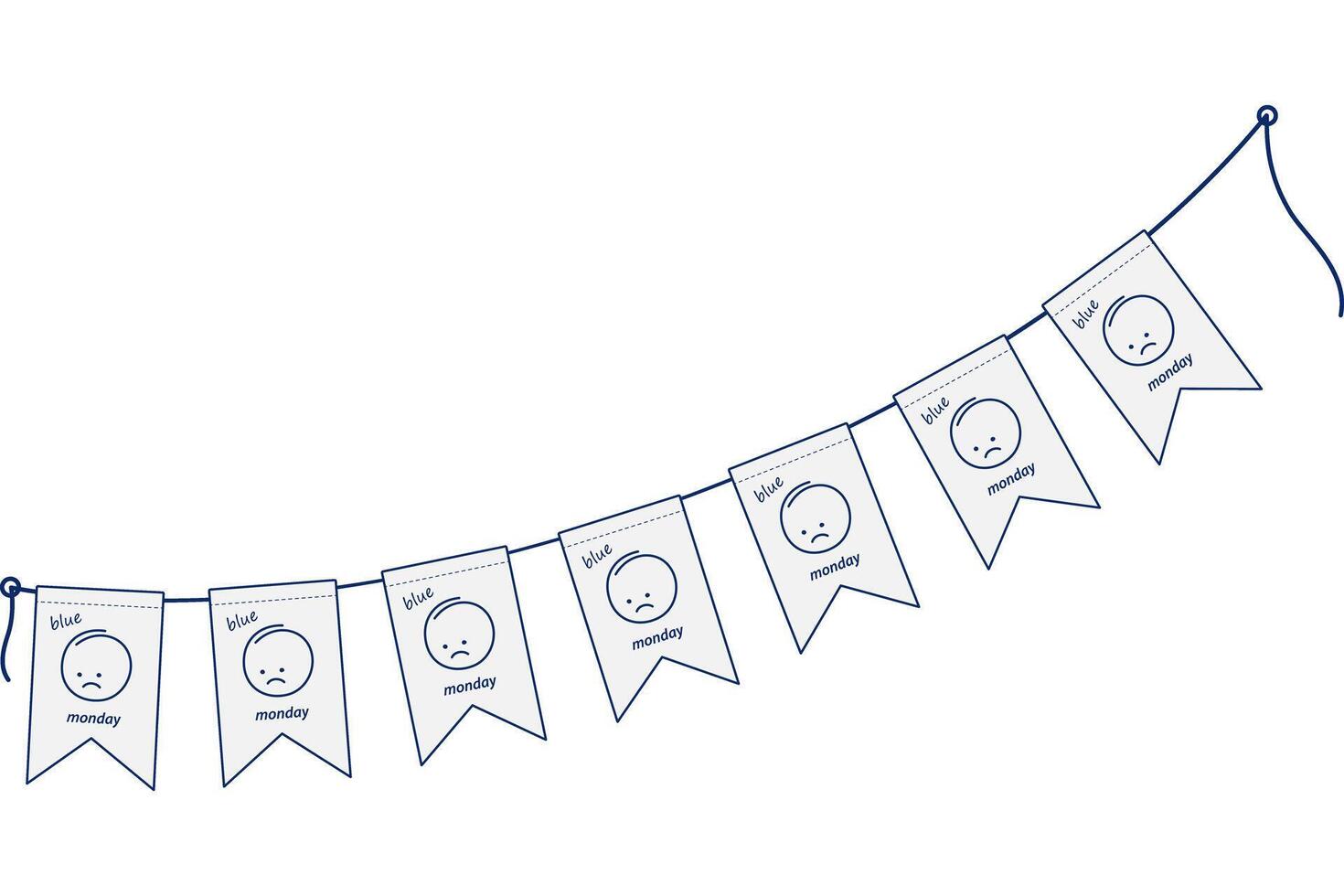 Holyday pennant garland on rope with sad emoticon and inscription blue Monday. Greeting design idea Isolated. Motivation Cards, poster, banner, brochure, billboard, label price or web concept vector