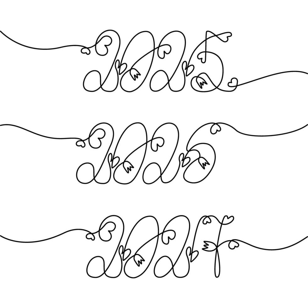 2025 2026 2027 hand lettering concept with decorative hearts and flowers Line Art design concept Isolated One continuous line. Cards, poster, banner, price tag, label or web, promo design idea vector