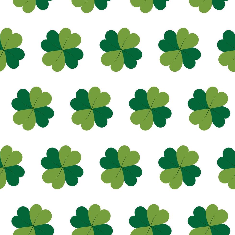 Good luck clover leaves Seamless pattern in trendy green. St Patrick Greeting or wallpaper concept Isolated on white illustration. Background texture, wrapping or web cards, posters design idea vector