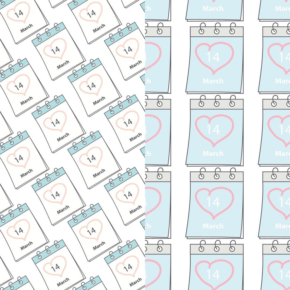 Seamless patterns with White Day date calendar pages March 14 and heart shaped stroke. Set of 2. Isolate. EPS. for wrapping, wallpaper, package or web, poster, cards, promo, label or price tag vector