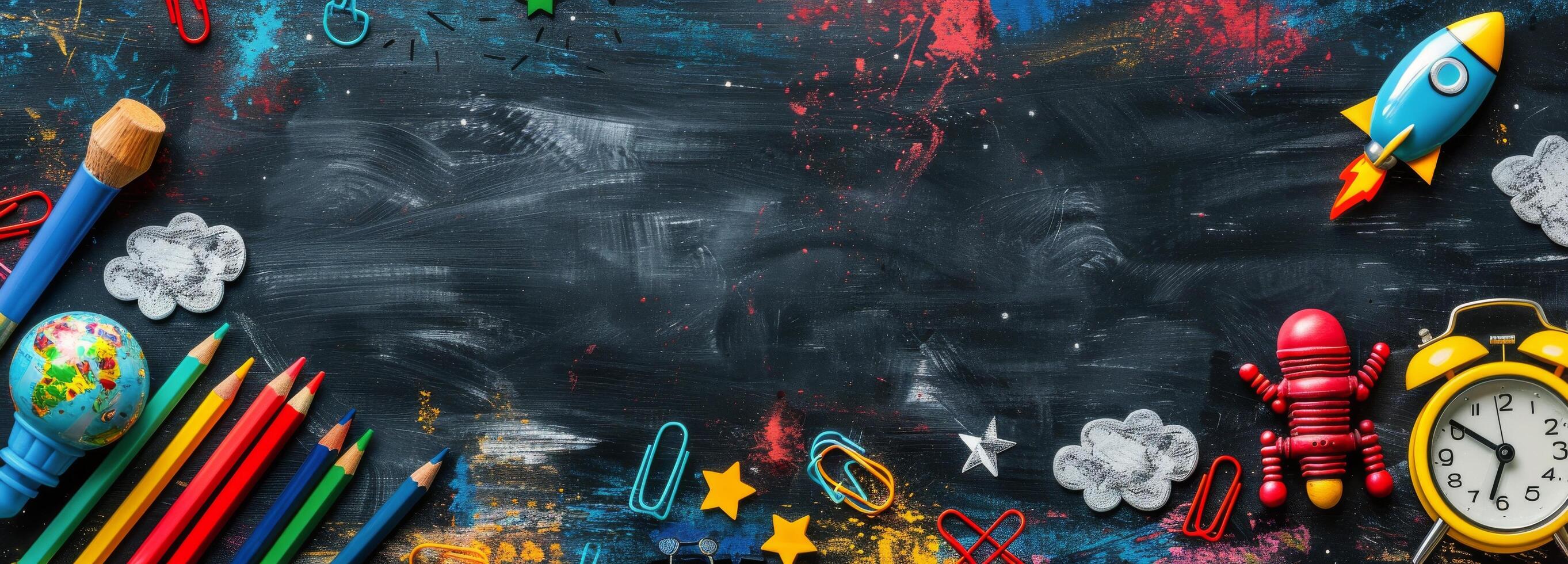 Colorful School Supplies Arranged on Black Chalkboard Background photo
