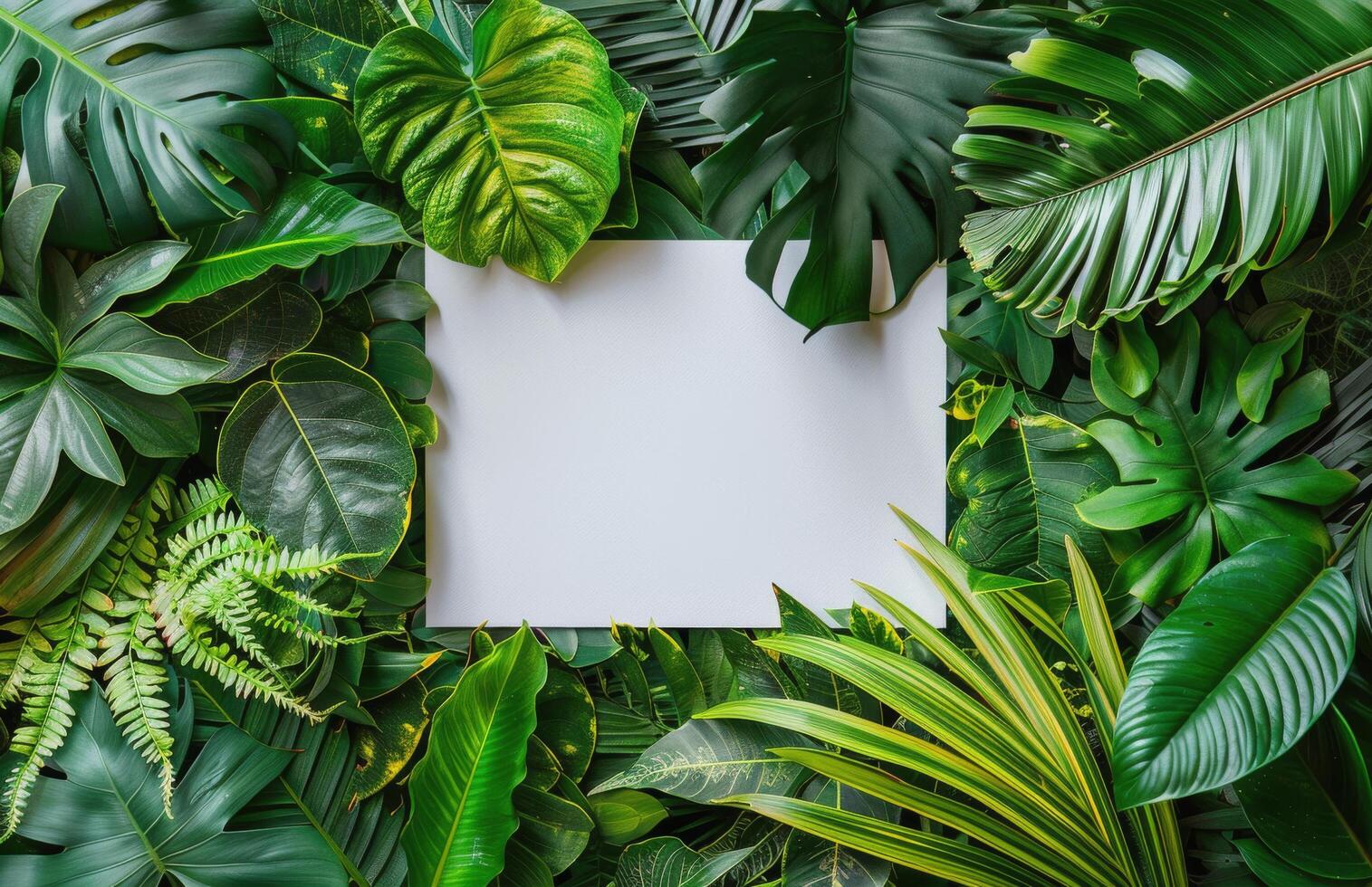 White Paper Surrounded by Lush Tropical Foliage in a Flat Lay Composition photo