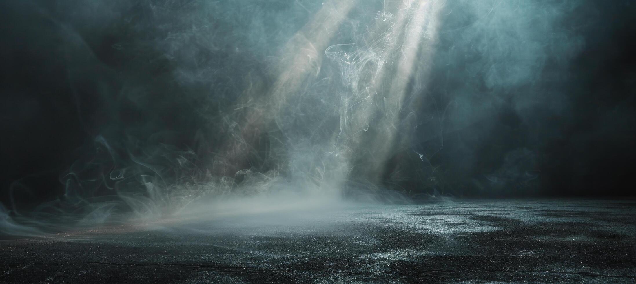 A Single Light Beam Pierces Through Dense Fog Over an Empty Road at Night photo
