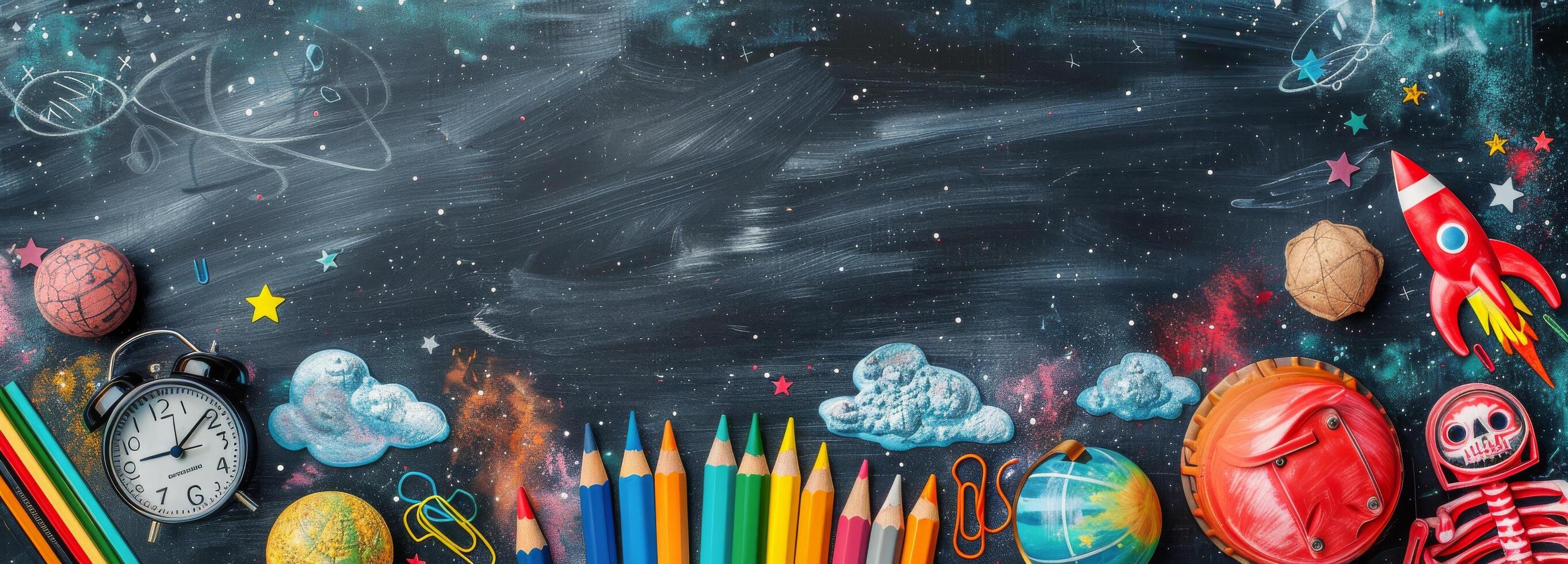 Colorful School Supplies Arranged on Black Chalkboard Background photo