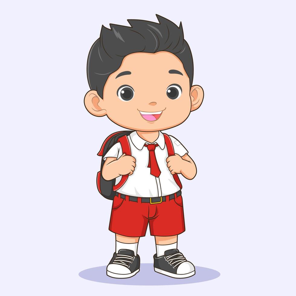 Cute Indonesian elementary school student boy character carrying a backpack. cartoon illustration vector
