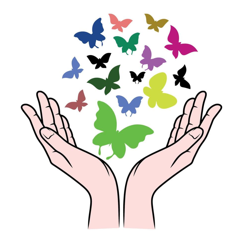 hands holding colorful butterflies vector