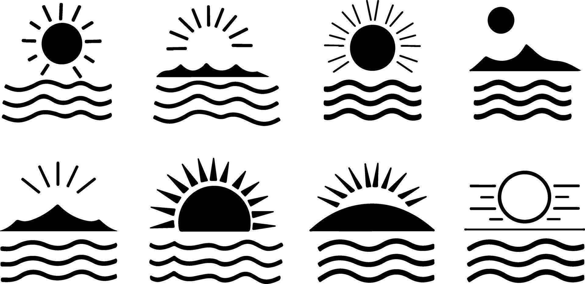 Flat Logo Set Sunset Over Ocean with Summer Elements vector