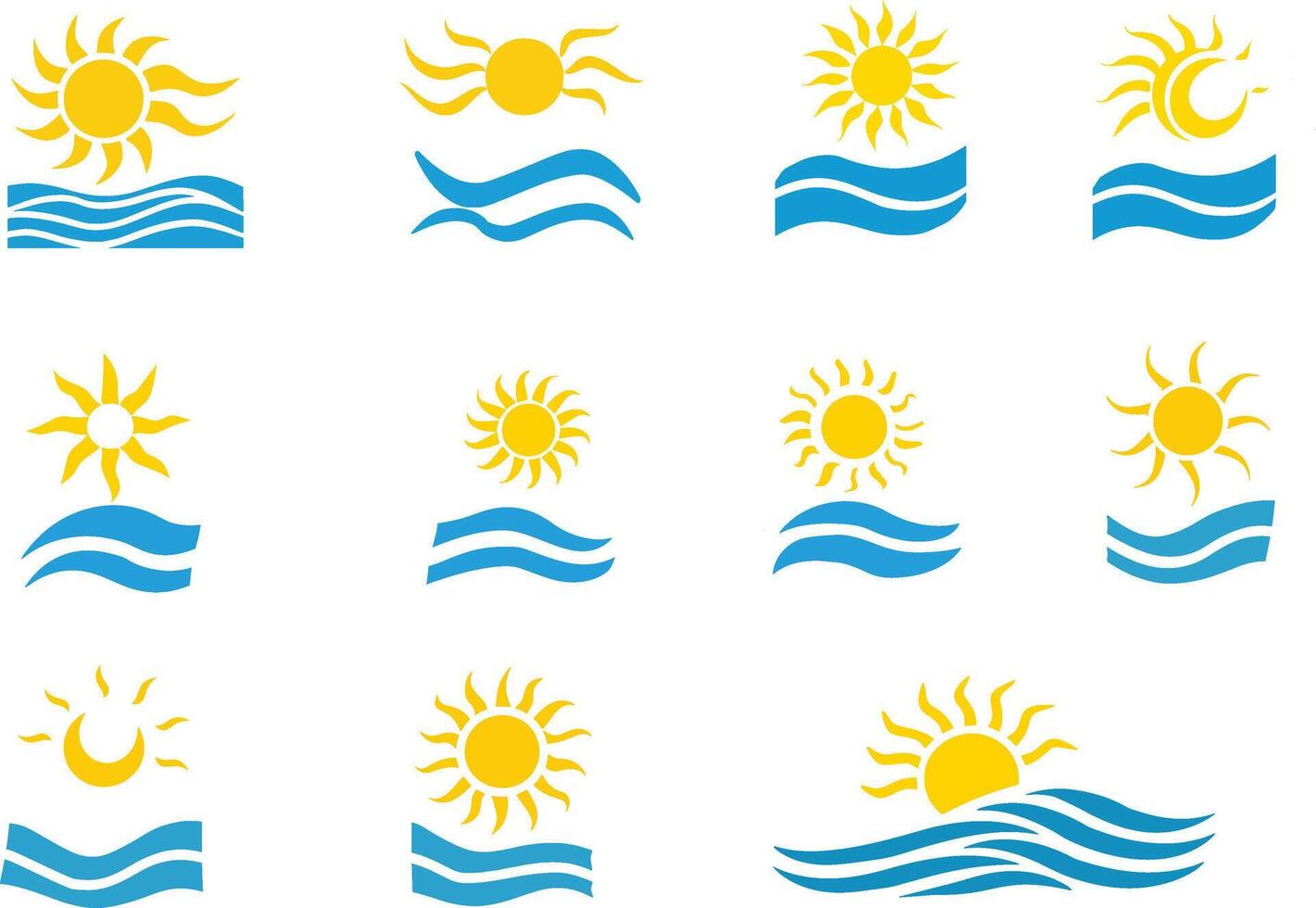 Flat Logo Set Sunset Over Ocean with Summer Elements vector