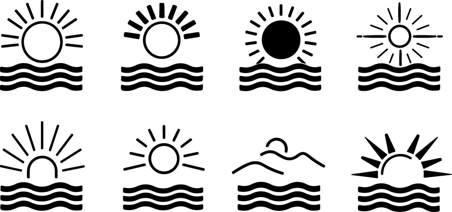 Flat Logo Set Sunset Over Ocean with Summer Elements vector