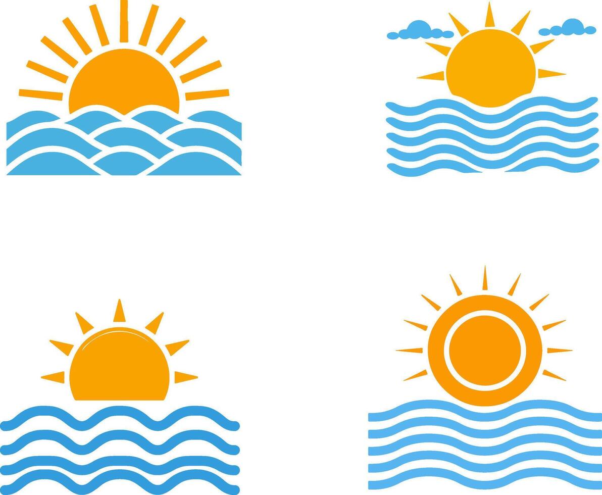 Flat Logo Set Sunset Over Ocean with Summer Elements vector