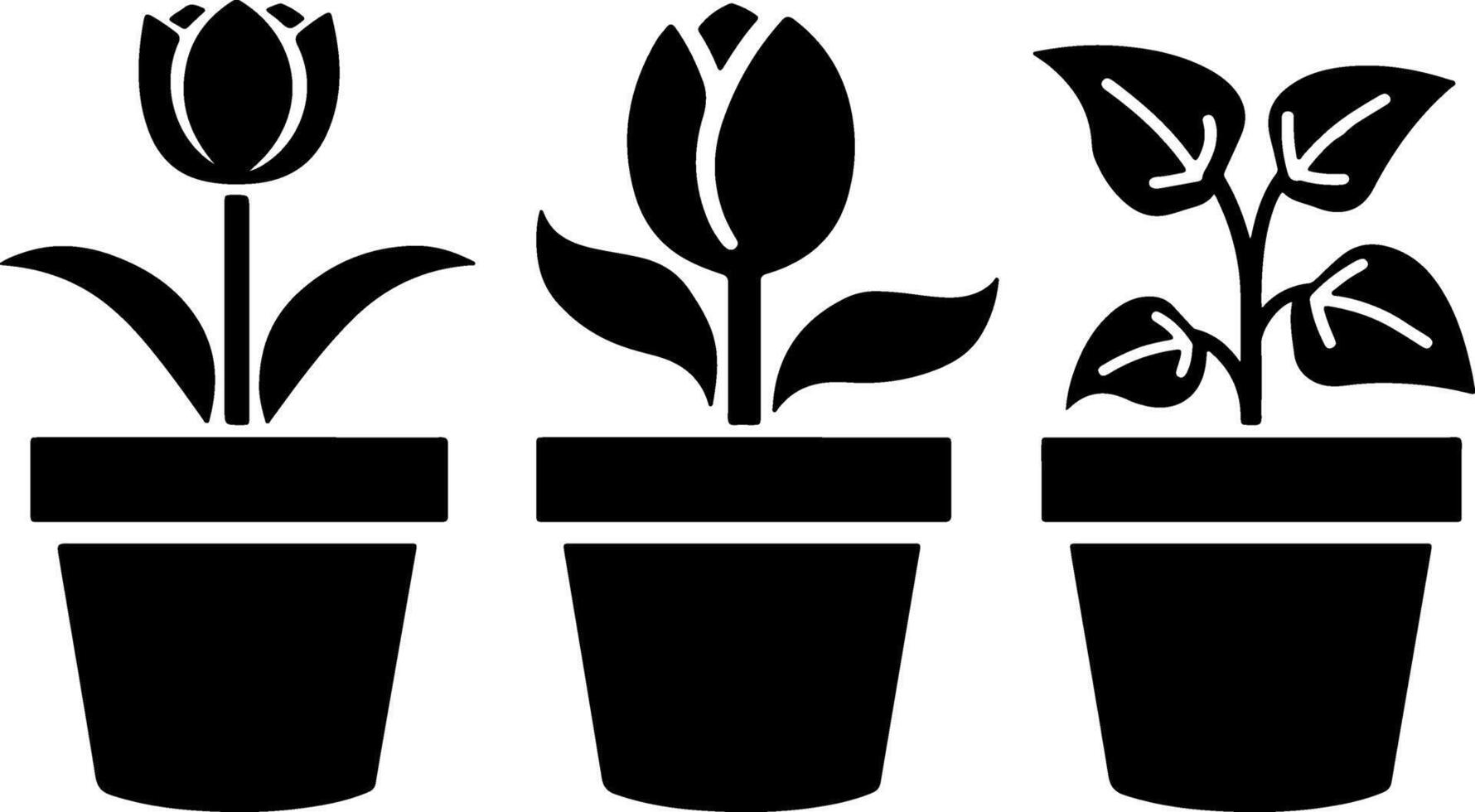 Black Silhouette Tulip Flower Pot Icons Set vector