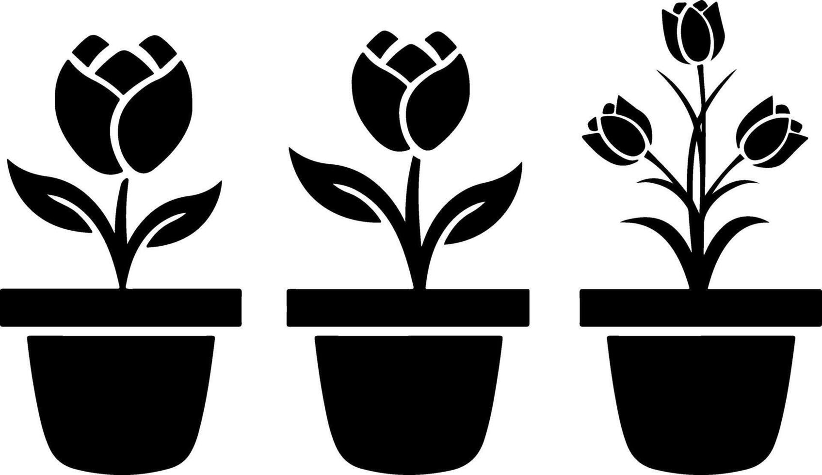 Black Silhouette Tulip Flower Pot Icons Set vector