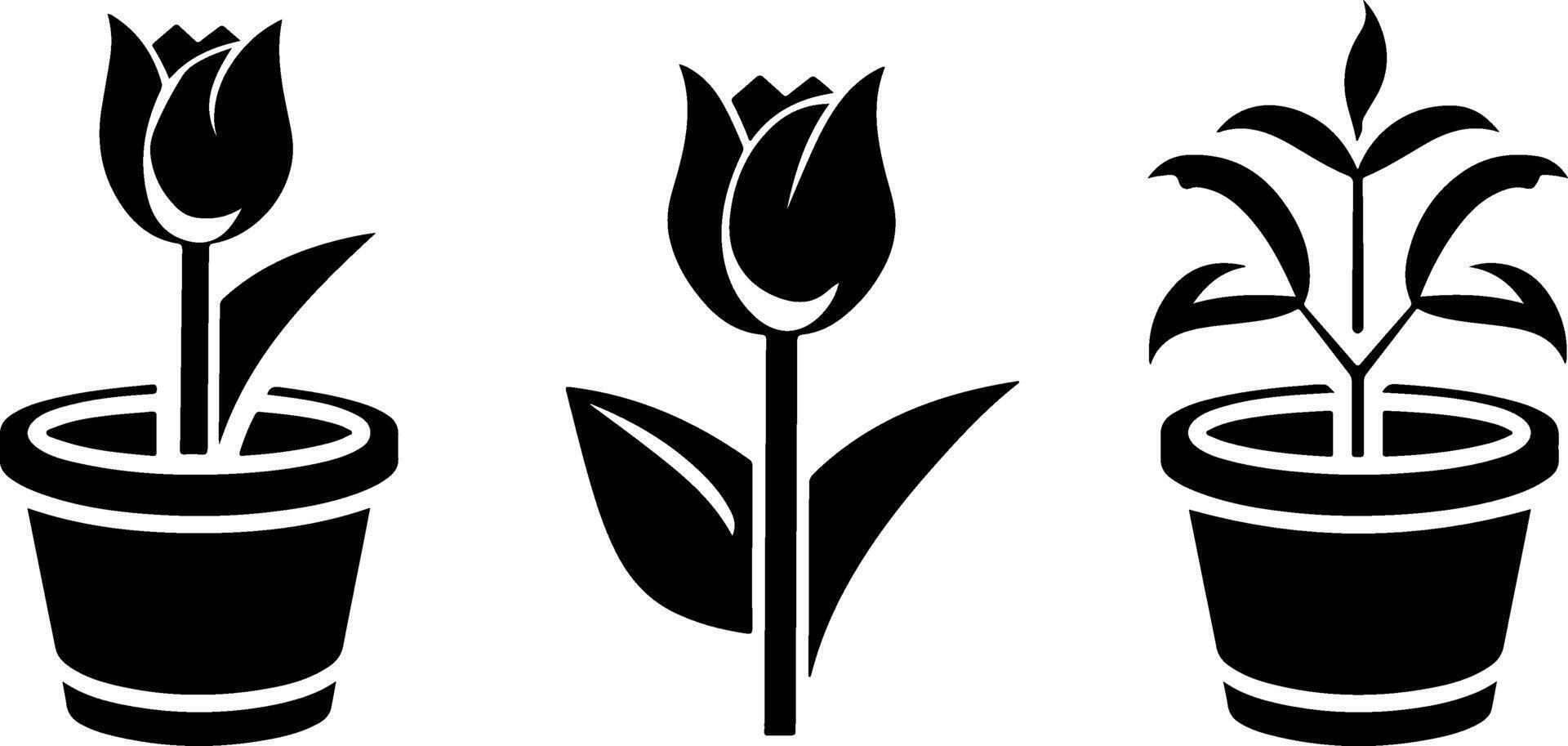 Black Silhouette Tulip Flower Pot Icons Set vector