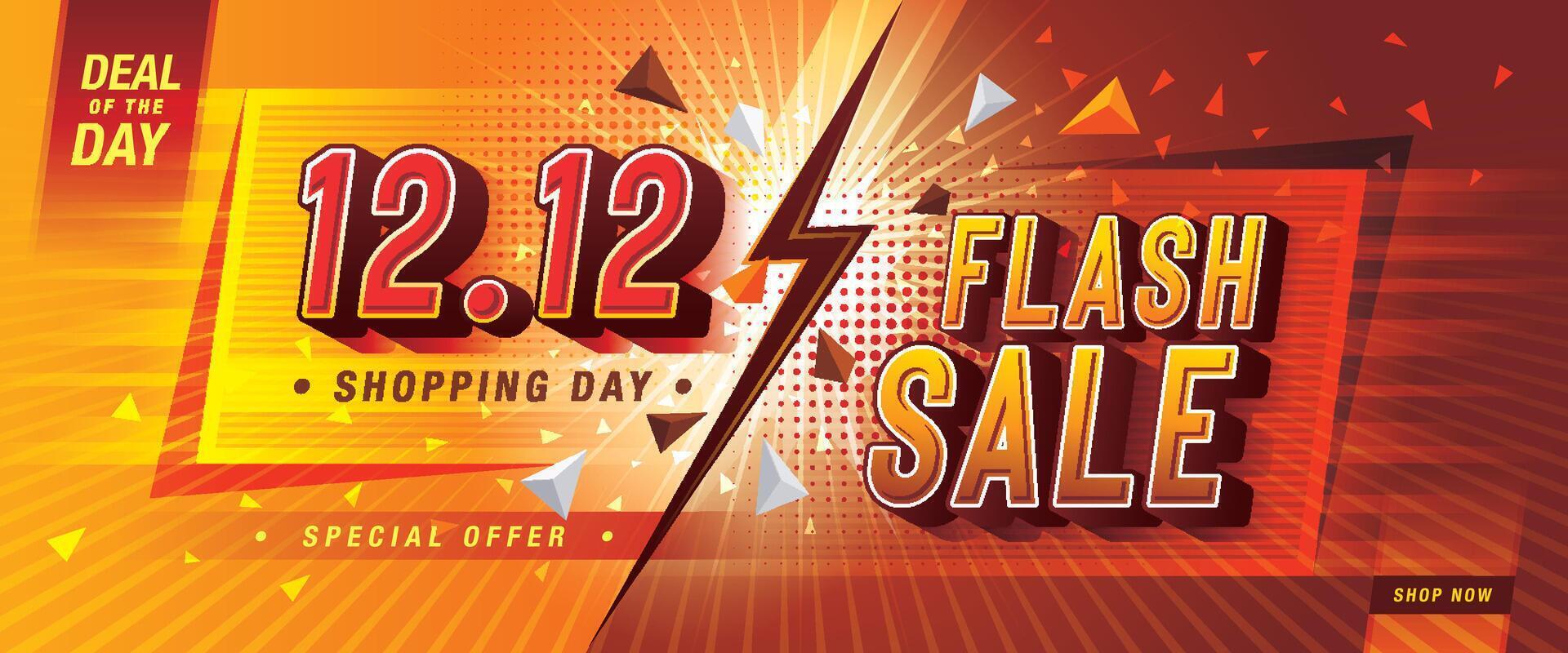 12.12 Shopping Day Flash Sale Banner Template design special offer discount, Shopping banner Condensed Font, Abstract thunderbolt Flash vector