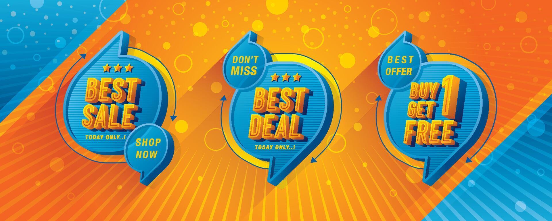 Best Sale, Best Deal, Buy 1 get 1 free tag and discount label sign, Abstract Blue Speech Bubble offer Sale Discount labels design. Condensed Font vector