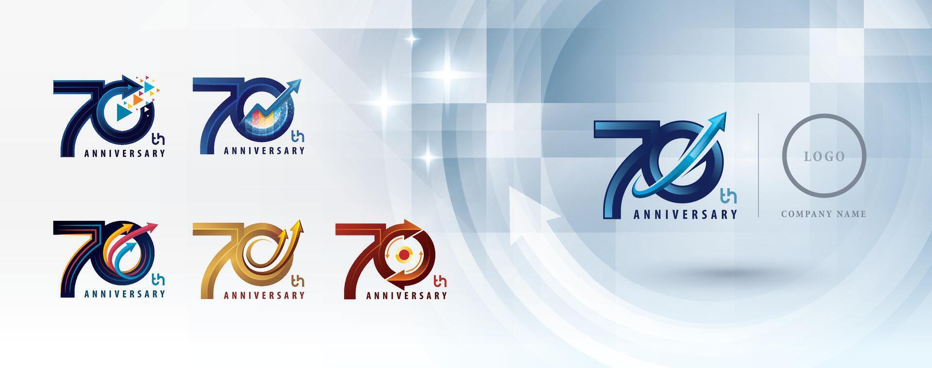 70th Anniversary logotype design, Seventy years Anniversary Logo multiple line for celebration event, Abstract Logo 70 Circle Arrow, Graph Growth to Success Concept vector