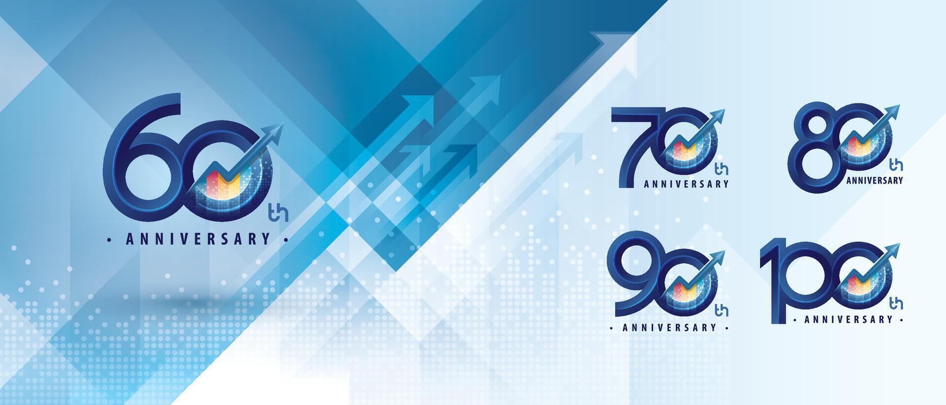 60, 70, 80, 90, 100 year Anniversary logo design, Sixty to Hundred years Anniversary Logo Celebration event, Abstract Arrow Graph Sign, Arrow Graph Growth to Success Concept, Upward Arrow Right to Top vector