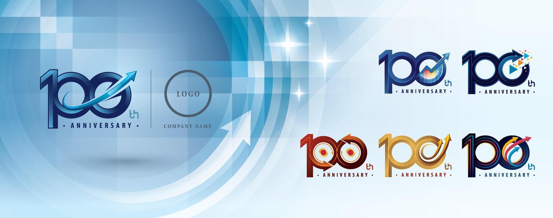 100th Anniversary logotype design, Hundred years Anniversary Logo multiple line for celebration event, Abstract Logo 100 Circle Arrow, Graph Growth to Success Concept vector