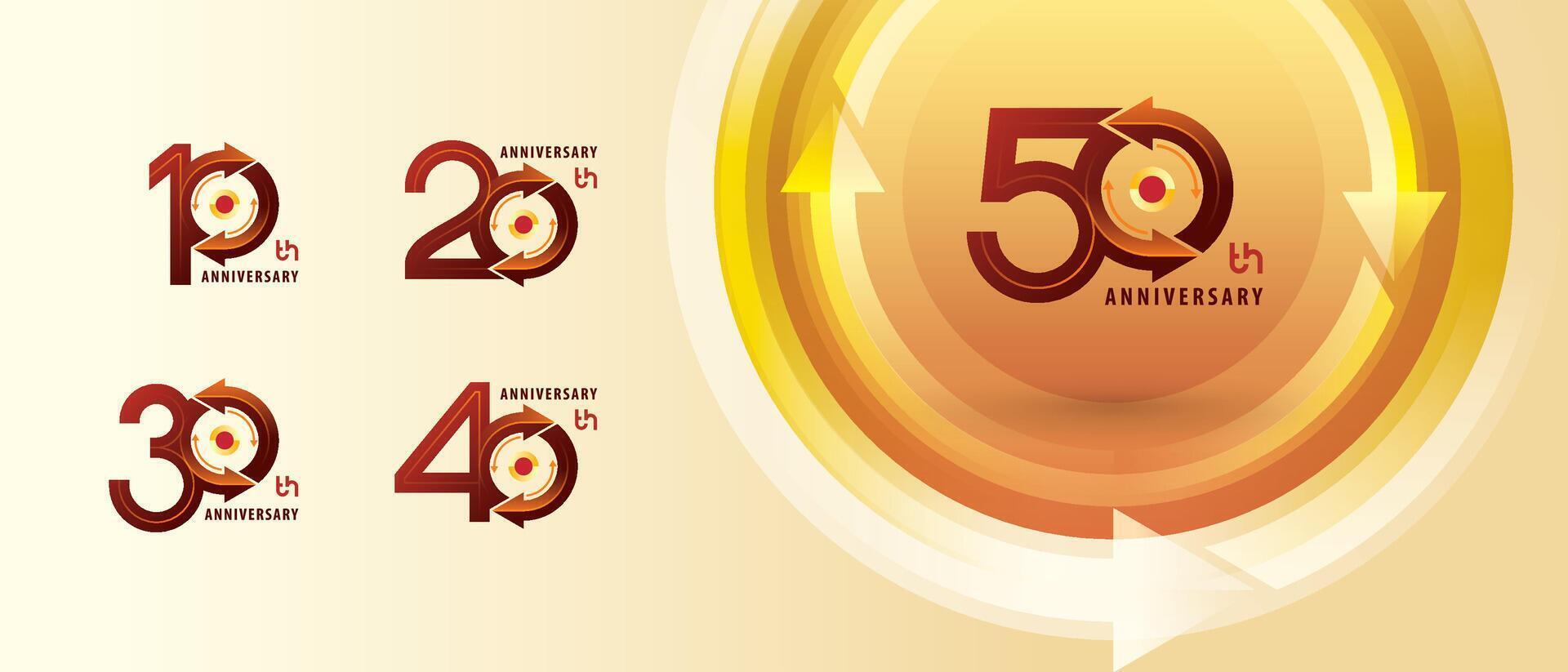 10, 20, 30, 40, 50 year Anniversary logotype design, Ten to Fifty years Anniversary Logo for Celebration event, Abstract Circle Arrow, Recycle Sign logo, Round Recycle Arrows Environment Nature Energy vector