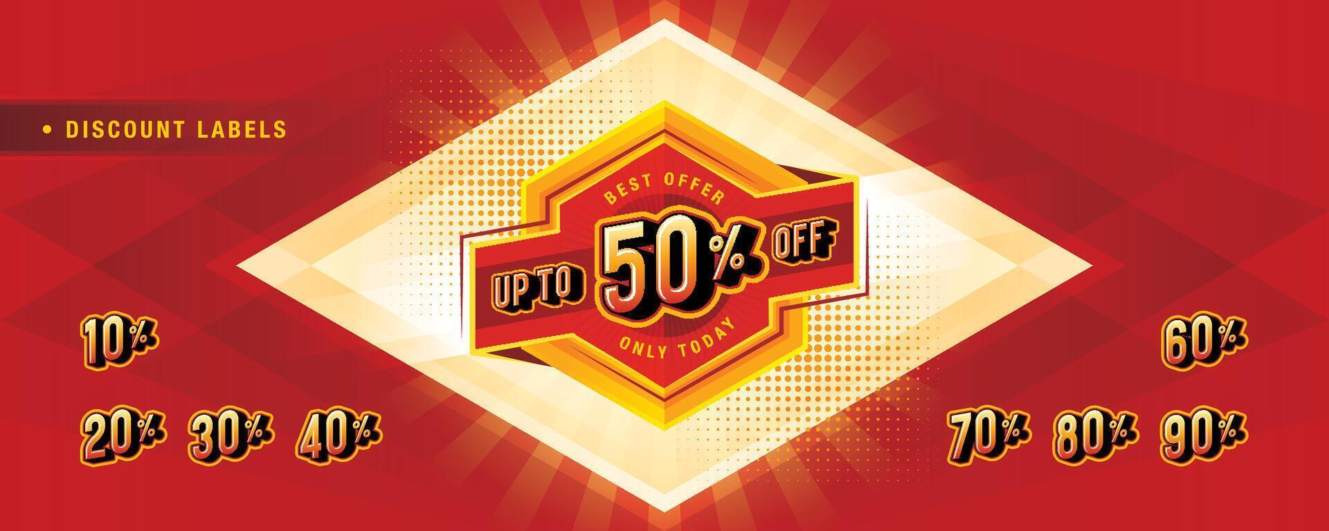 Sale and discount labels, Abstract Red Hexagon offer Sale Discount labels design, Condensed Font, Discount tags collection with percent set vector
