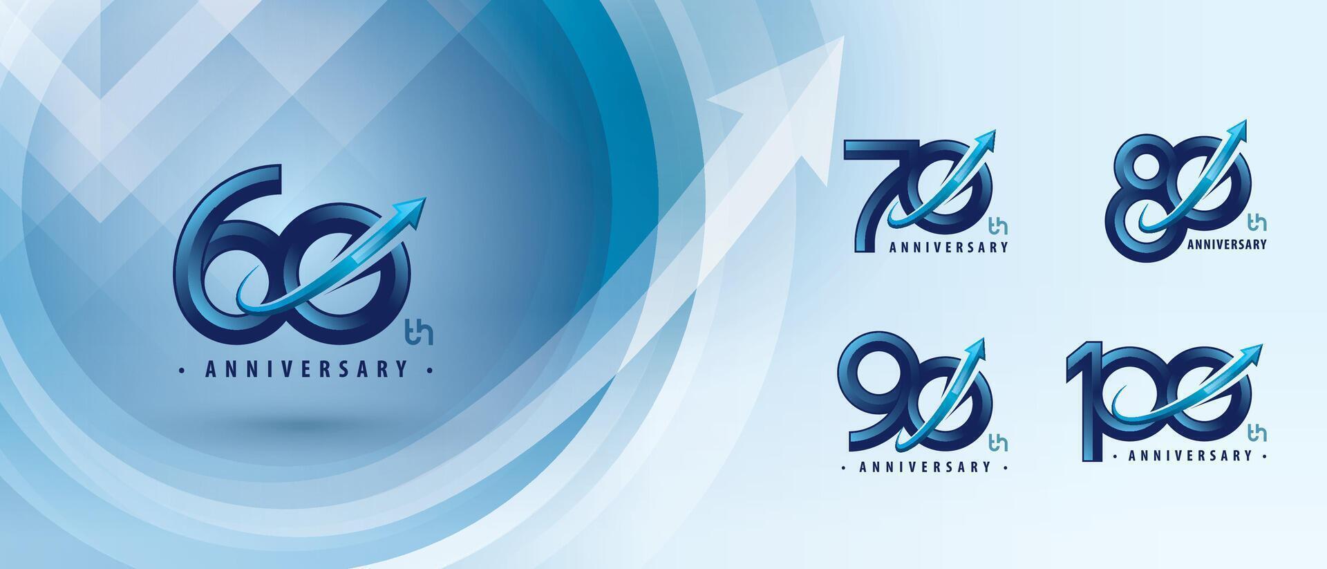60, 70, 80, 90, 100 year Anniversary logo design, Sixty to Hundred year Anniversary Logo for Celebration event, Abstract Upward Curved Arrow Right to Top, vector
