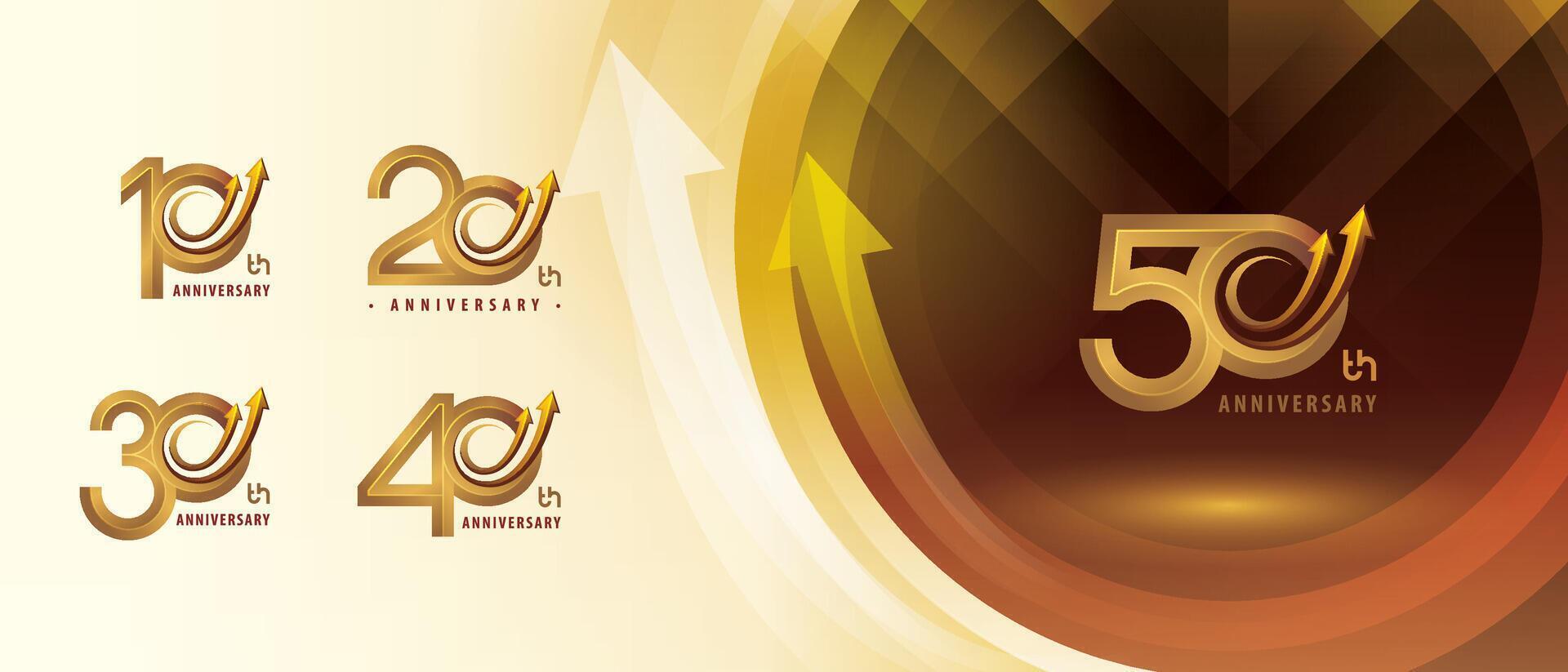 10, 20, 30, 40, 50 year Anniversary logo design, Ten to Fifty years Anniversary Logo for Celebration event, Abstract Gold Circle Arrow, Growth to Success vector