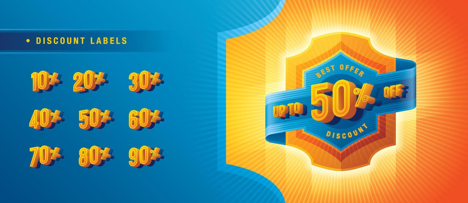 Sale and discount labels, Abstract Blue Hexagon offer Sale Discount label design, Condensed Font, Discount tags collection with percent set vector