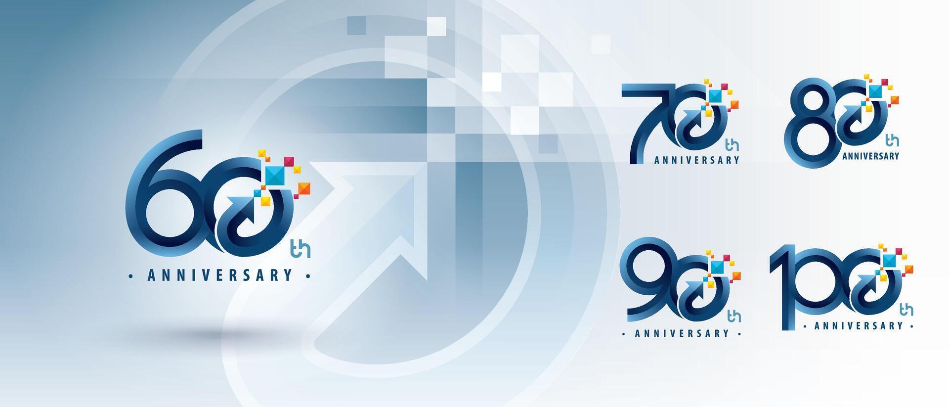 60, 70, 80, 90, 100 year Anniversary logo design, Sixty to Hundred years Anniversary Logo for celebration event, Abstract Circle Arrow vector