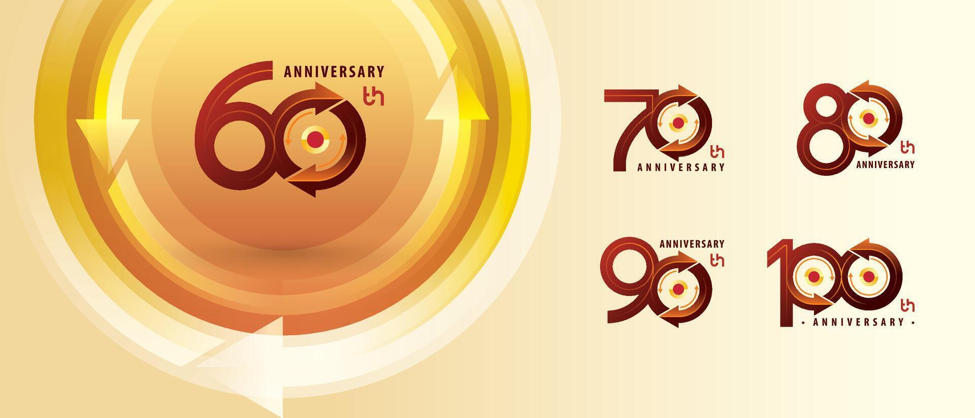 60, 70, 80, 90, 100 year Anniversary logo design, Sixty to Hundred years Anniversary Logo for Celebration event, Abstract Circle Arrow, Recycle Sign logo, Round Recycle Arrow Environment Nature Energy vector